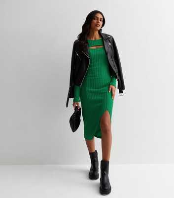 Cutie London Green Ribbed Knit Cut Out Bodycon Midi Dress