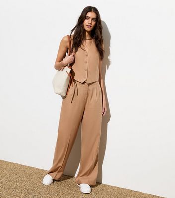 Light Brown Linen Blend Wide Leg Trousers