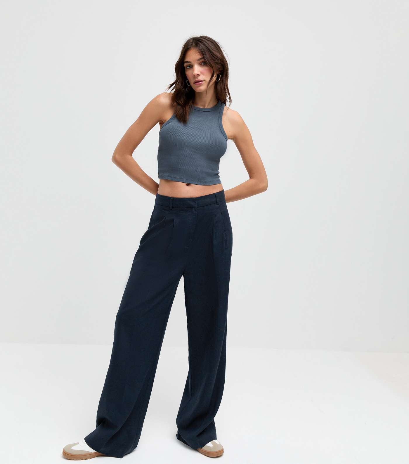 Navy Linen-Blend Wide Leg Tailored Trousers Image 3