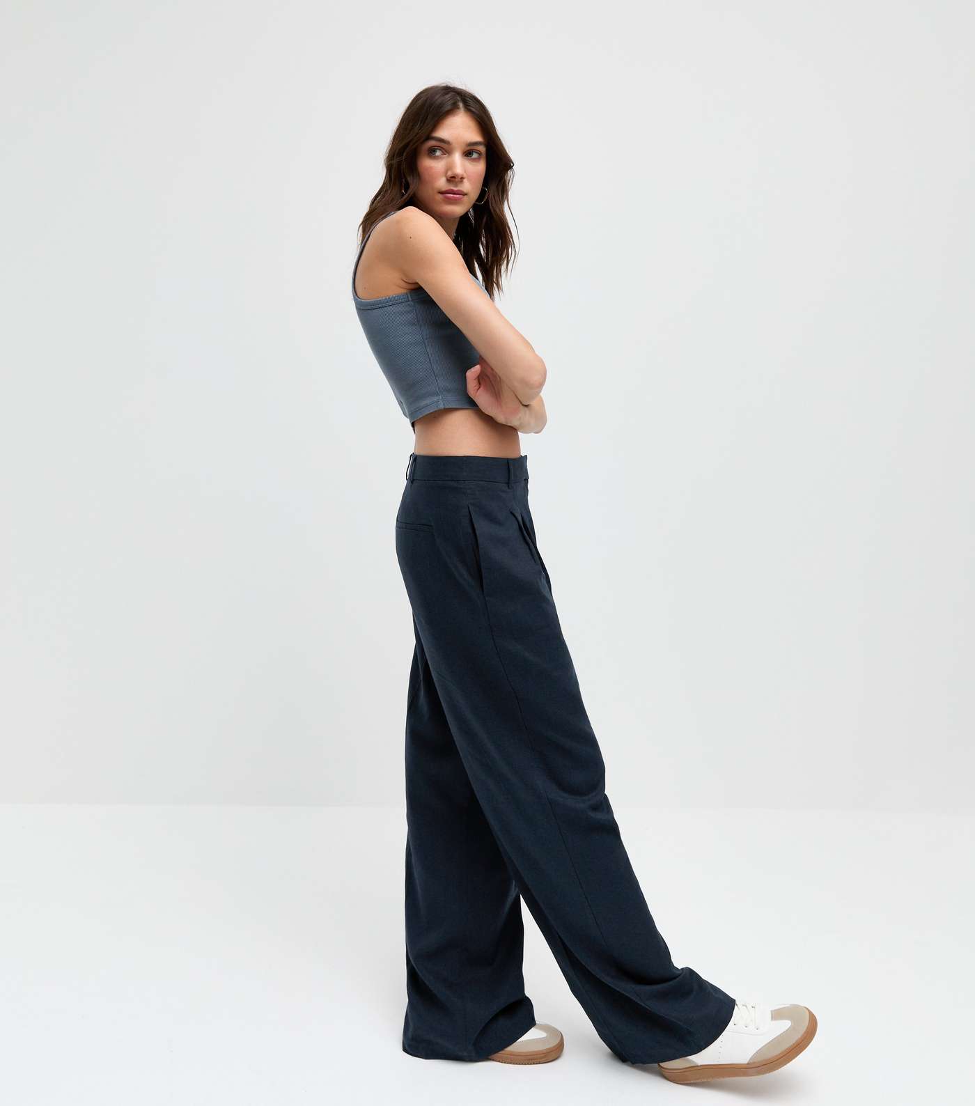 Navy Linen-Blend Wide Leg Tailored Trousers Image 5
