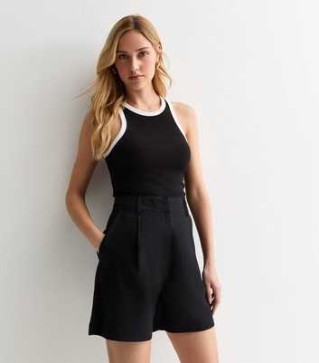 Black Linen-Blend Pleated Tailored Shorts