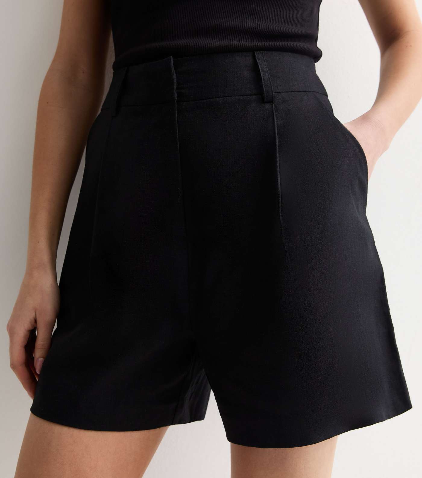 Black Linen Blend Tailored Shorts Image 3