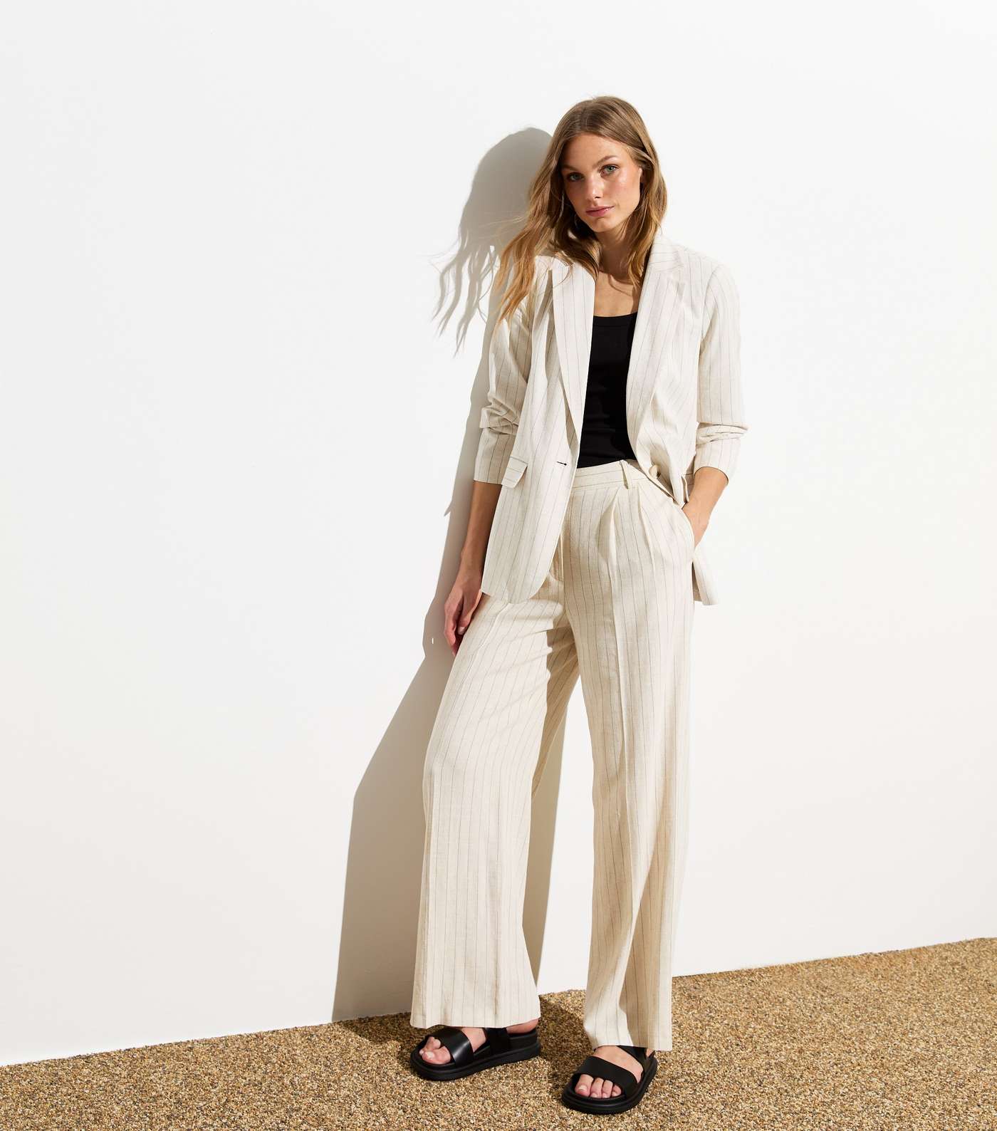 Off White Stripe Linen-Look Tailored Wide Leg Trousers Image 5