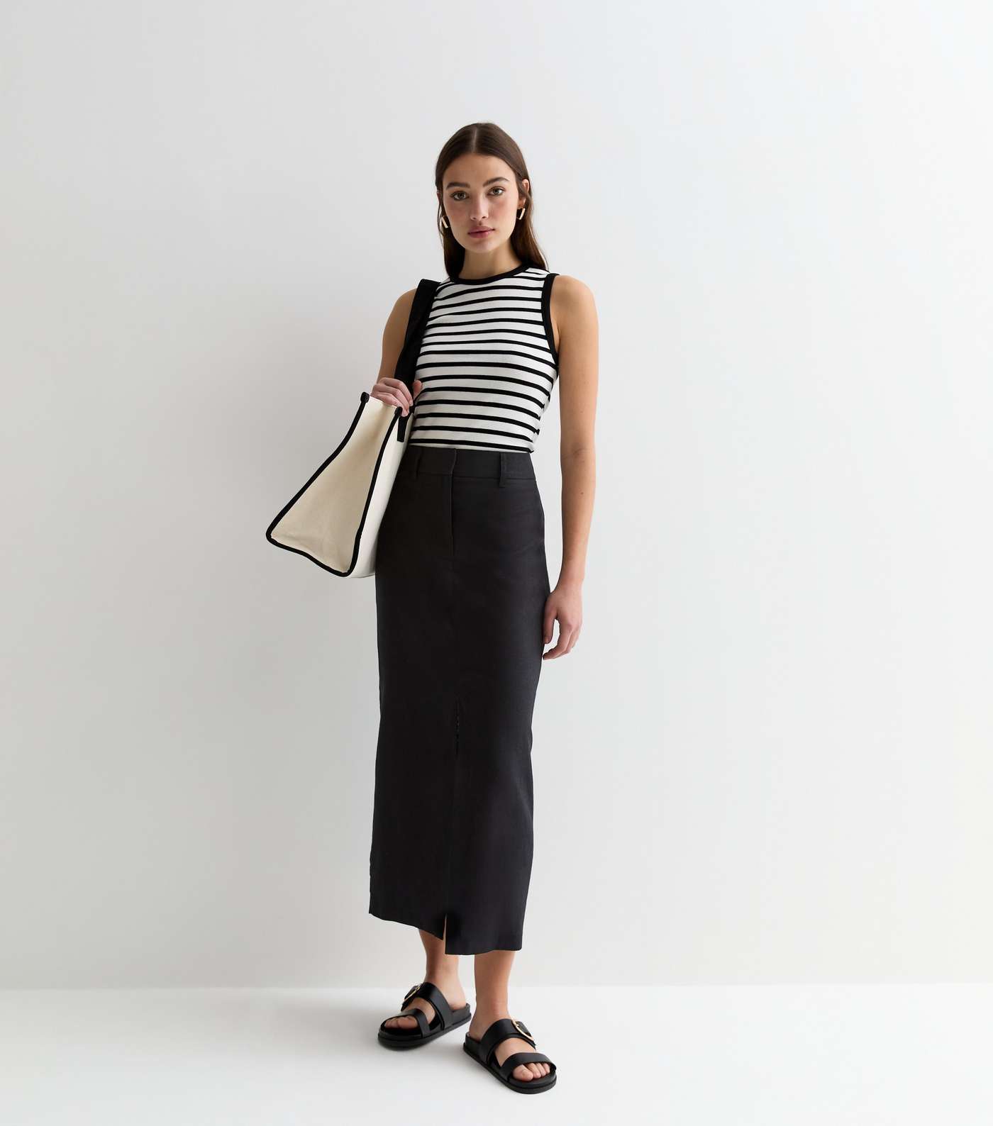 Black Linen Blend High Waist Split Front Midi Skirt Image 3