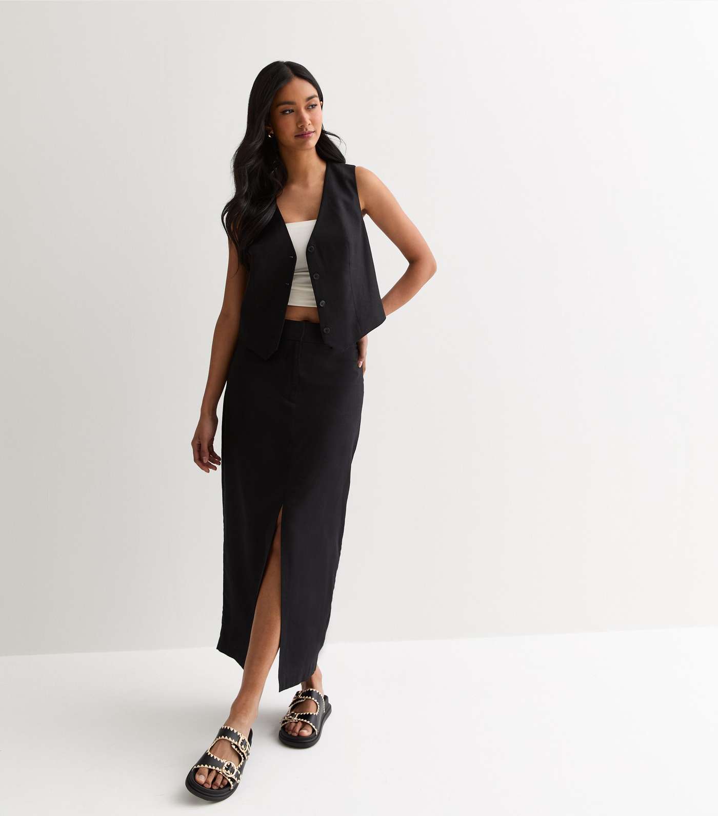 Black Linen Blend High Waist Split Front Midi Skirt Image 5