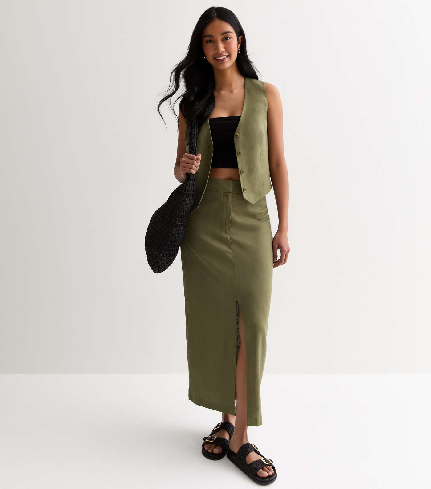 Khaki Linen Blend High Waist Split Front Midi Skirt Image 3