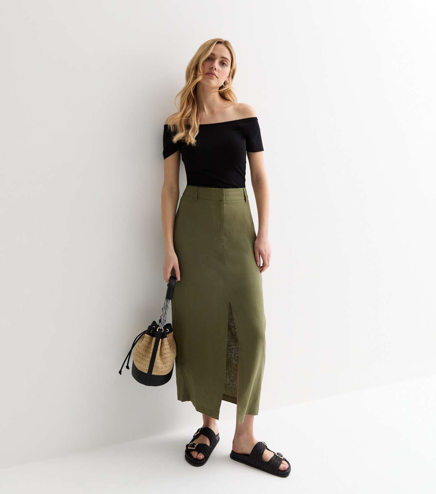 Khaki Linen Blend High Waist Split Front Midi Skirt Image 5