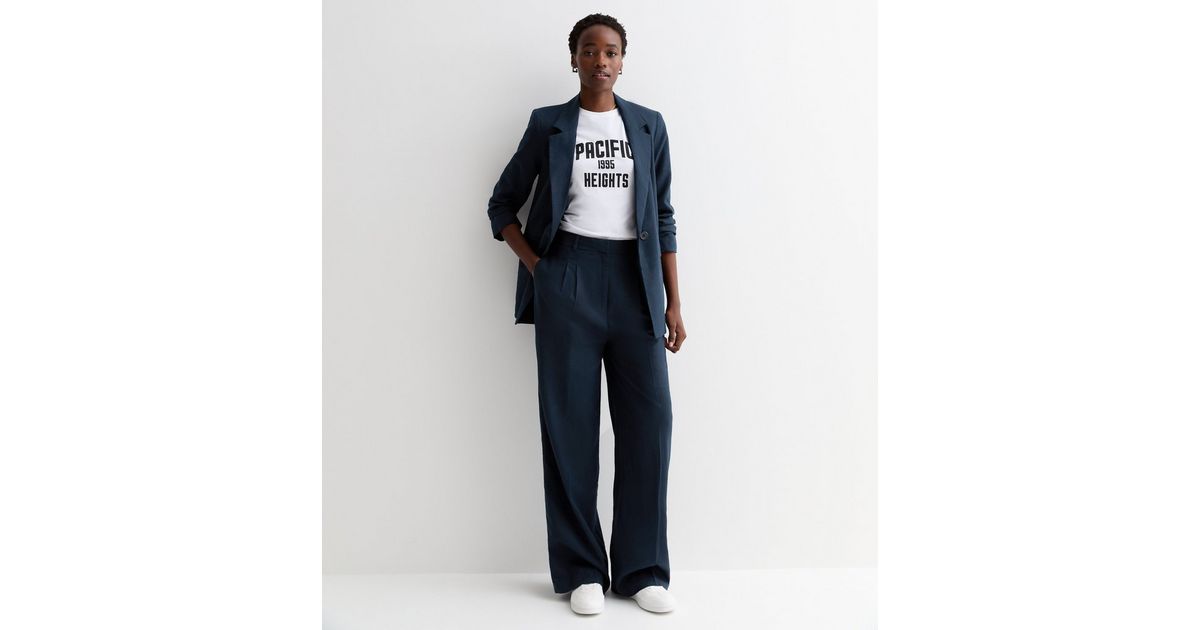 Tall Navy Linen Blend Wide Leg Trousers | New Look