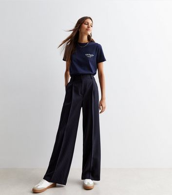 navy pinstripe high waist wide leg trousers