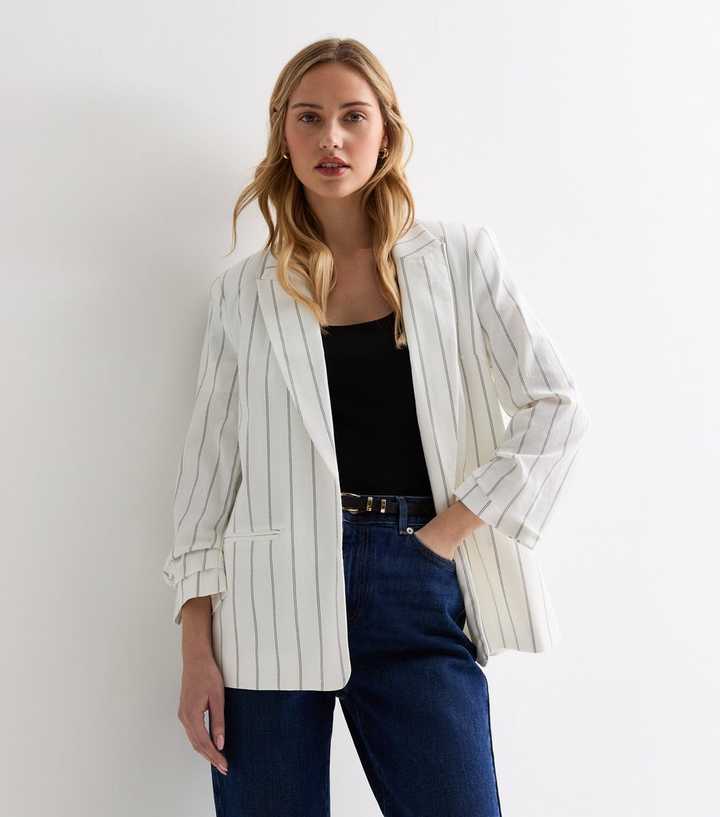 White Pinstripe Single Button Blazer