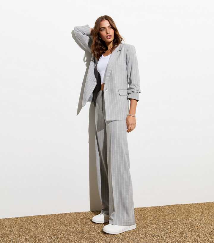 Light Grey Pinstripe Wide Leg Trousers