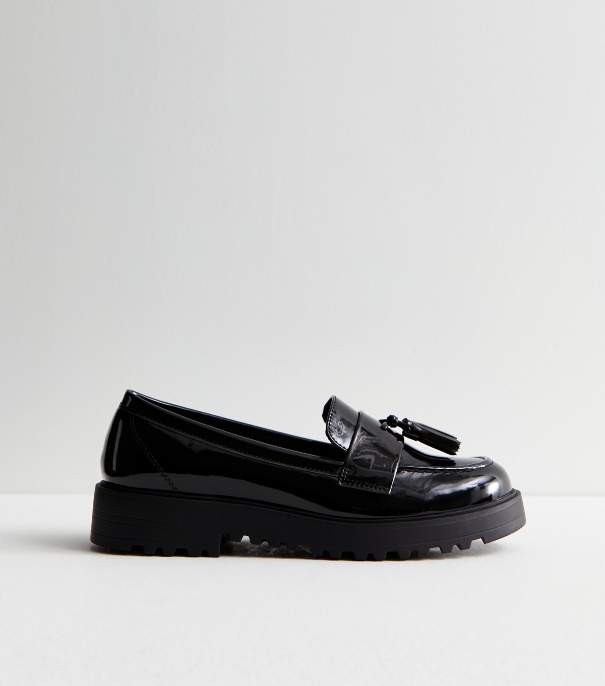 Women's Black Patent Tassel Trim Chunky Loafers School New Look