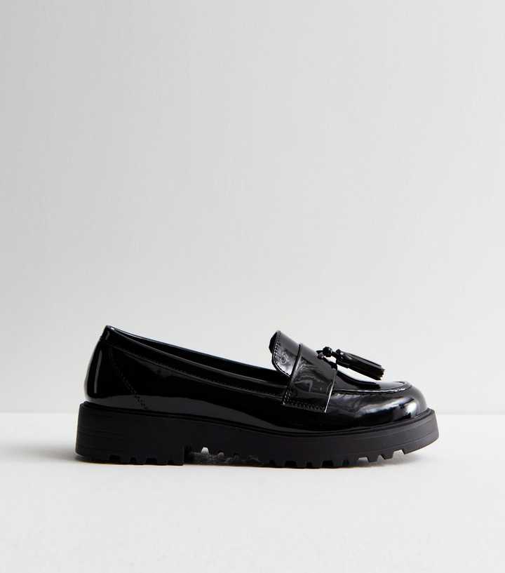 Black Patent Tassel Trim Chunky Loafers