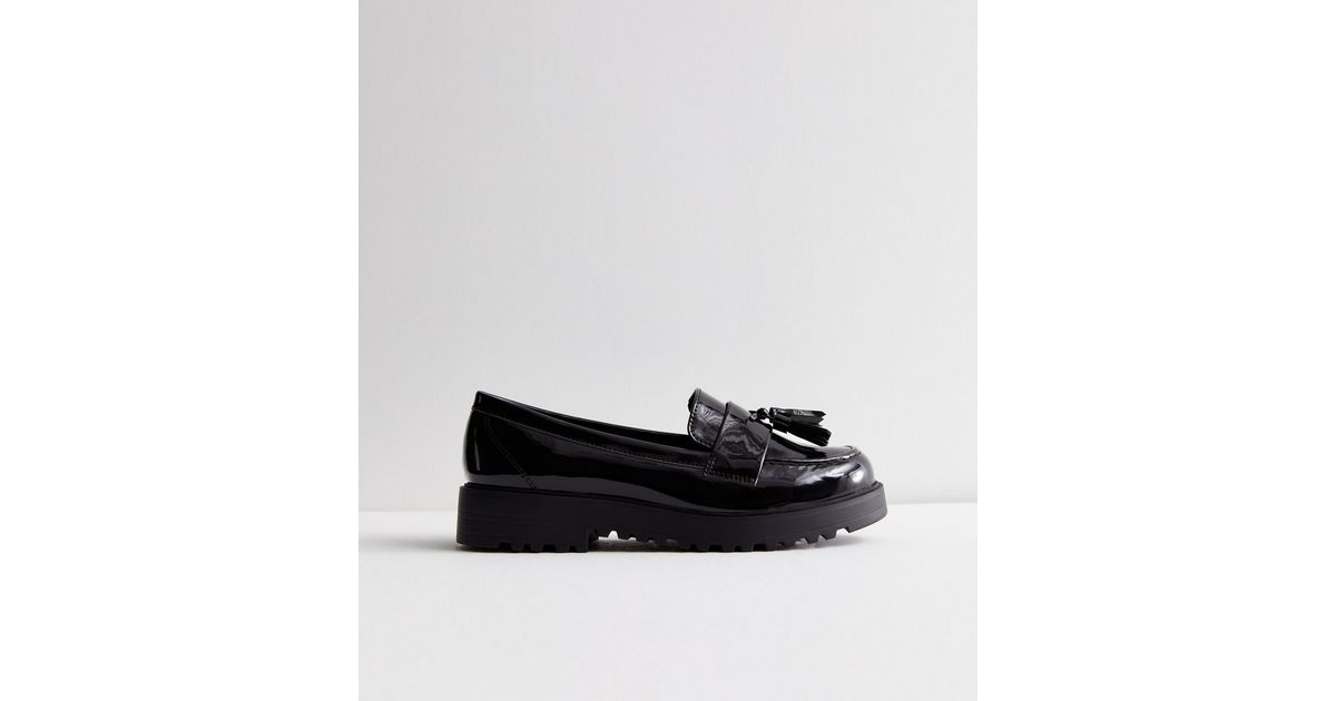 Wide Fit Black Patent Chunky Tassel Loafers New Look