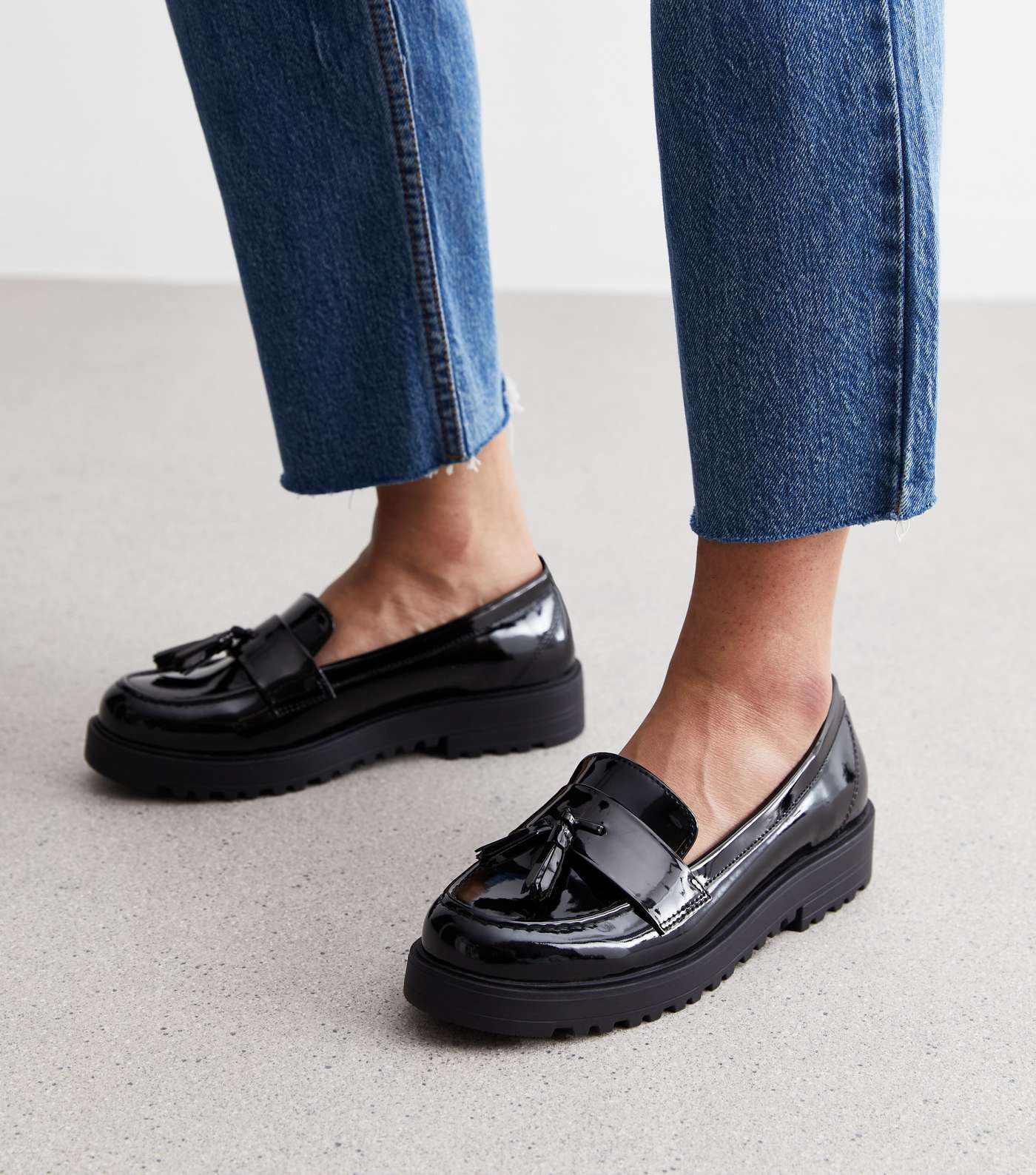 Wide Fit Black Patent Chunky Tassel Loafers Image 2