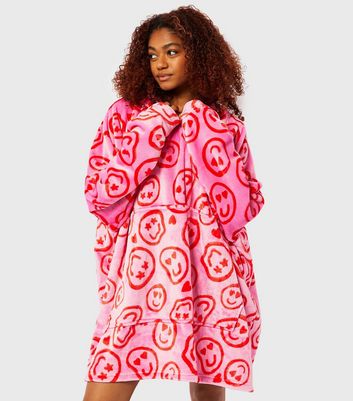 Skinnydip Bright Pink Happy Face Fleece Blanket Hoodie New Look