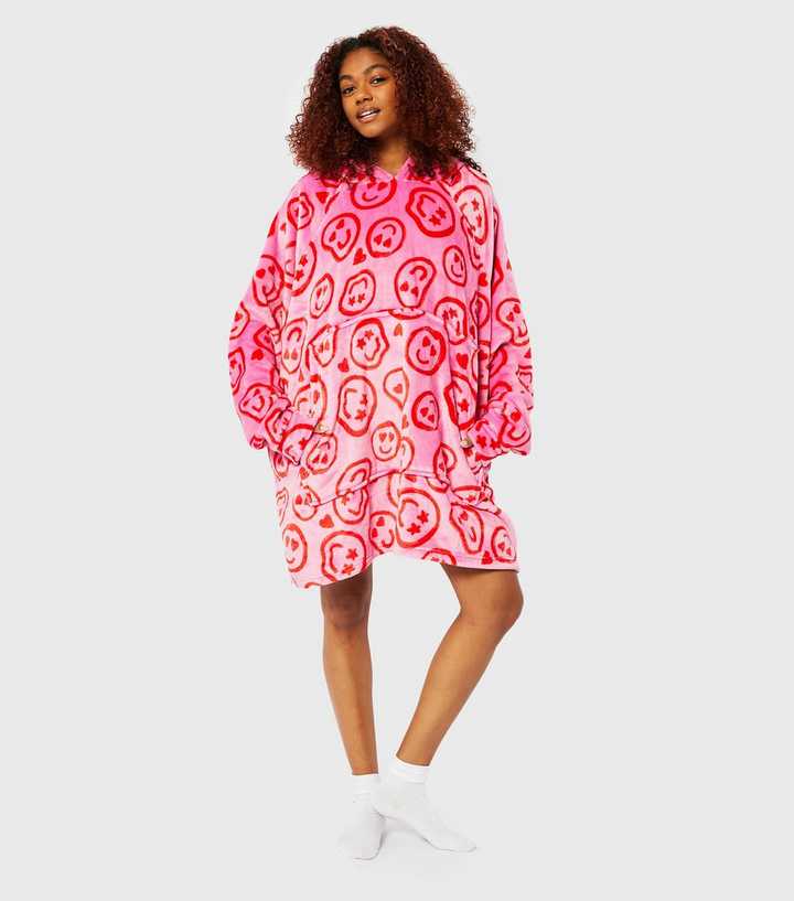 Skinnydip Bright Pink Happy Face Fleece Blanket Hoodie