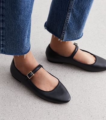 Black Leather Look Strappy Ballerina Pumps New Look