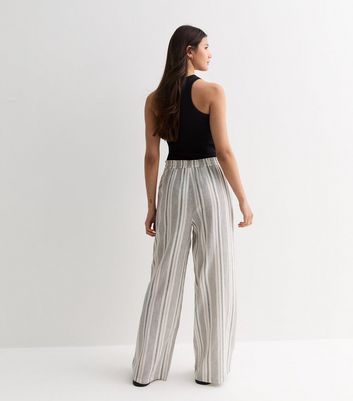 Off White Stripe Drawstring Wide Leg Trousers New Look