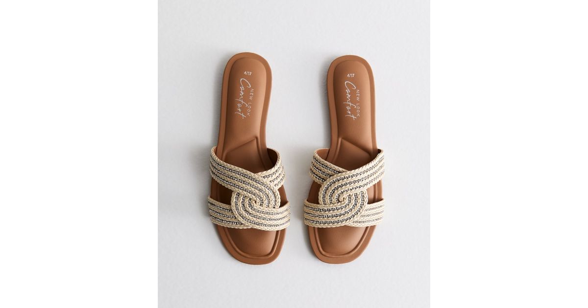 Cream Diamanté Twist Mule Sliders New Look