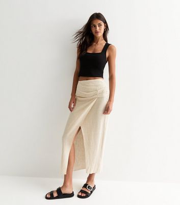 Stone Linen-Look Wrap Midi Skirt New Look
