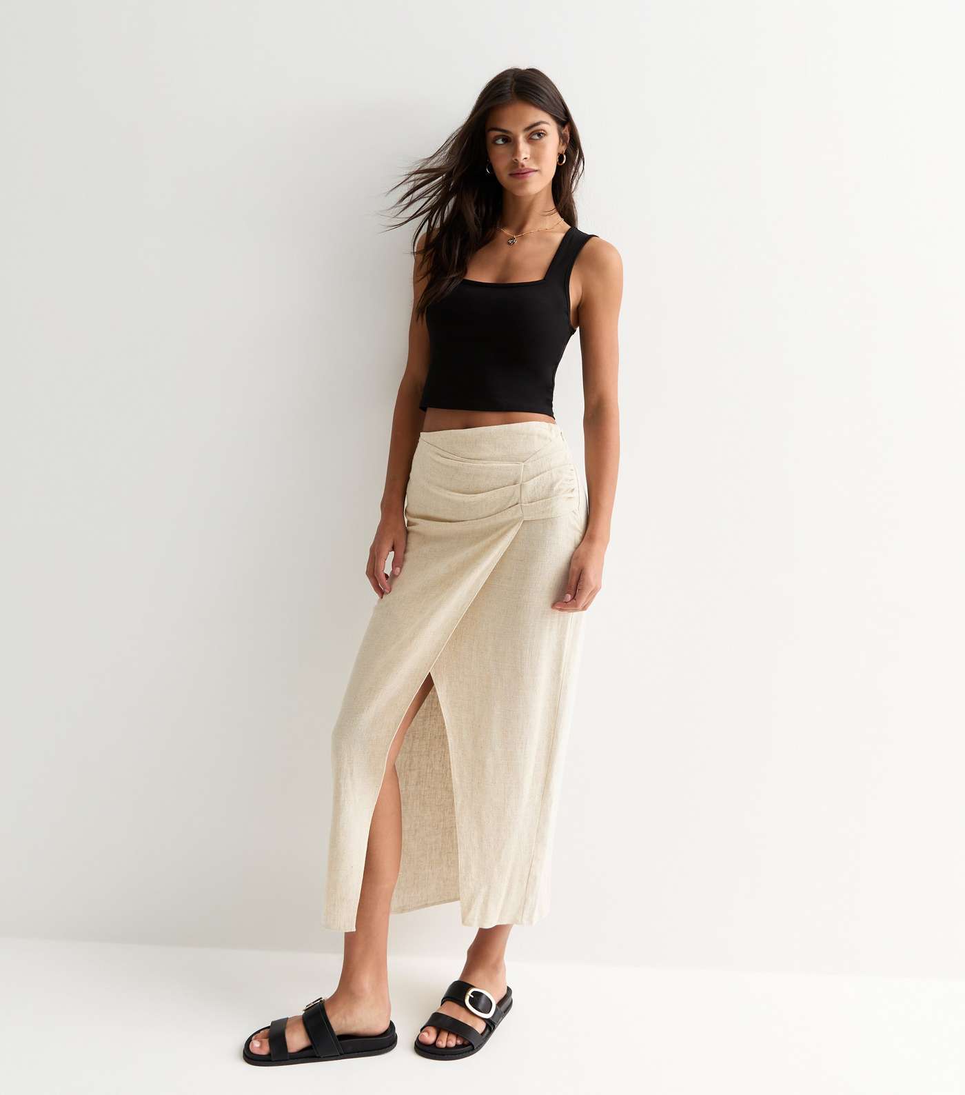 Stone Linen-Look Wrap Midi Skirt