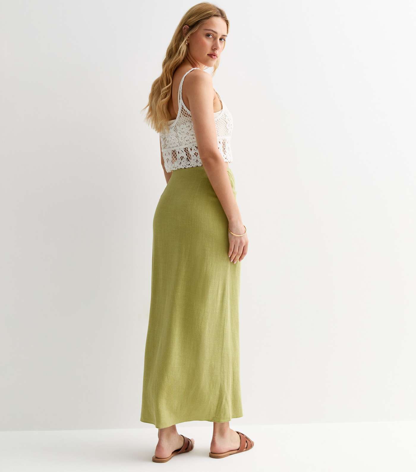Light Green Linen-Look Wrap Midi Skirt Image 4