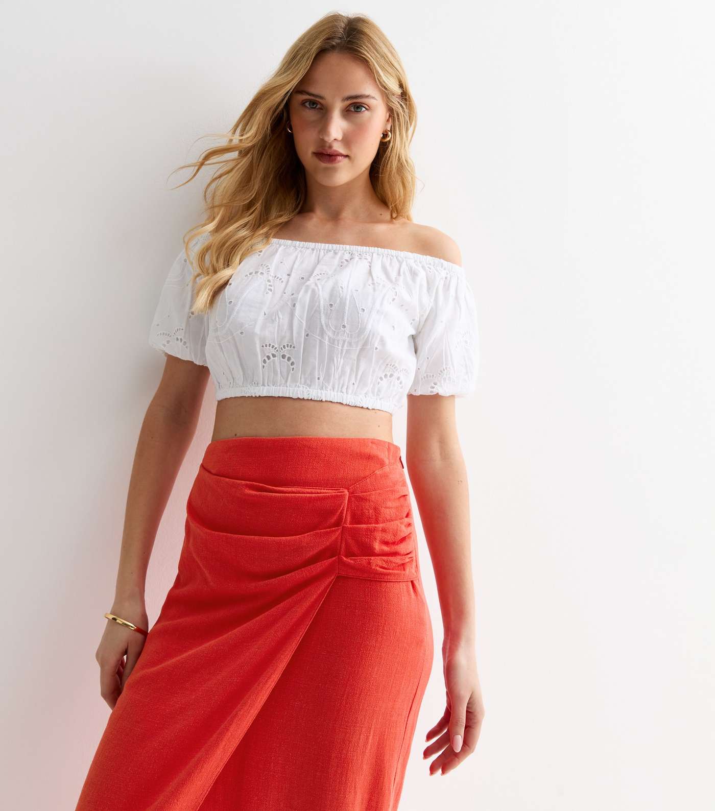 Red Linen-Look Wrap Midi Skirt Image 3