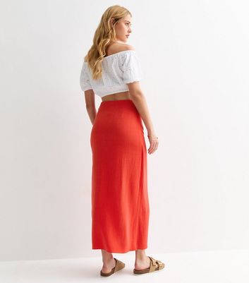 Red Linen-Look Wrap Midi Skirt New Look