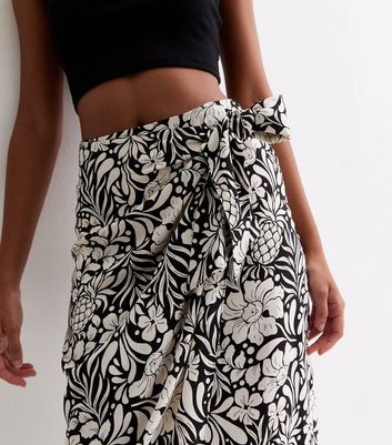 Black Tropical Print Sarong Midi Skirt New Look