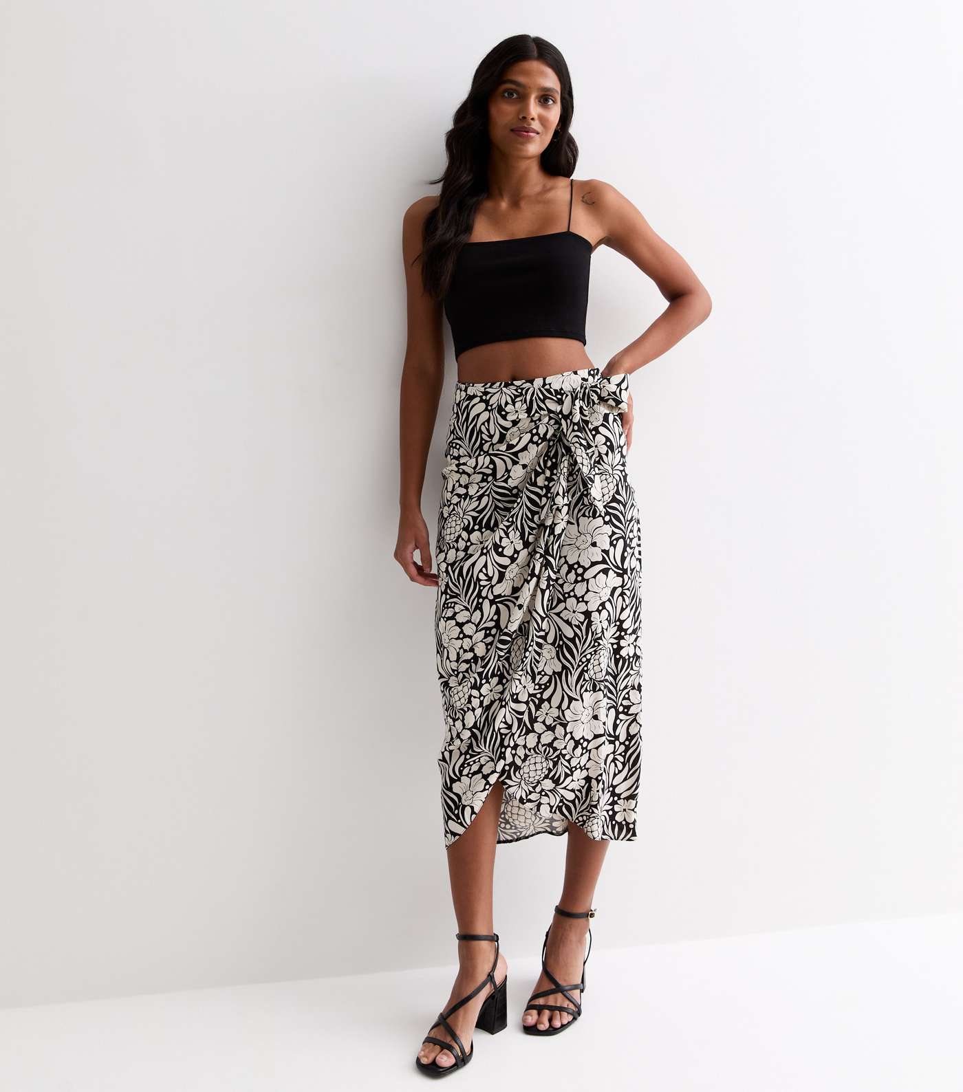 Black Tropical Print Sarong Midi Skirt Image 3