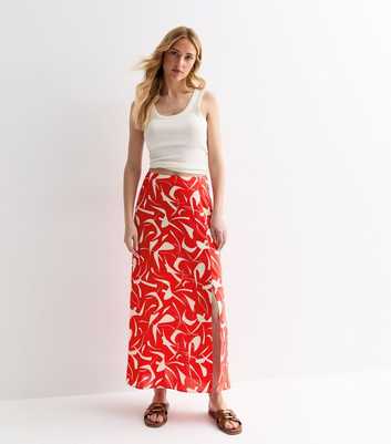 Red Abstract Print High Waist Split Hem Midi Skirt