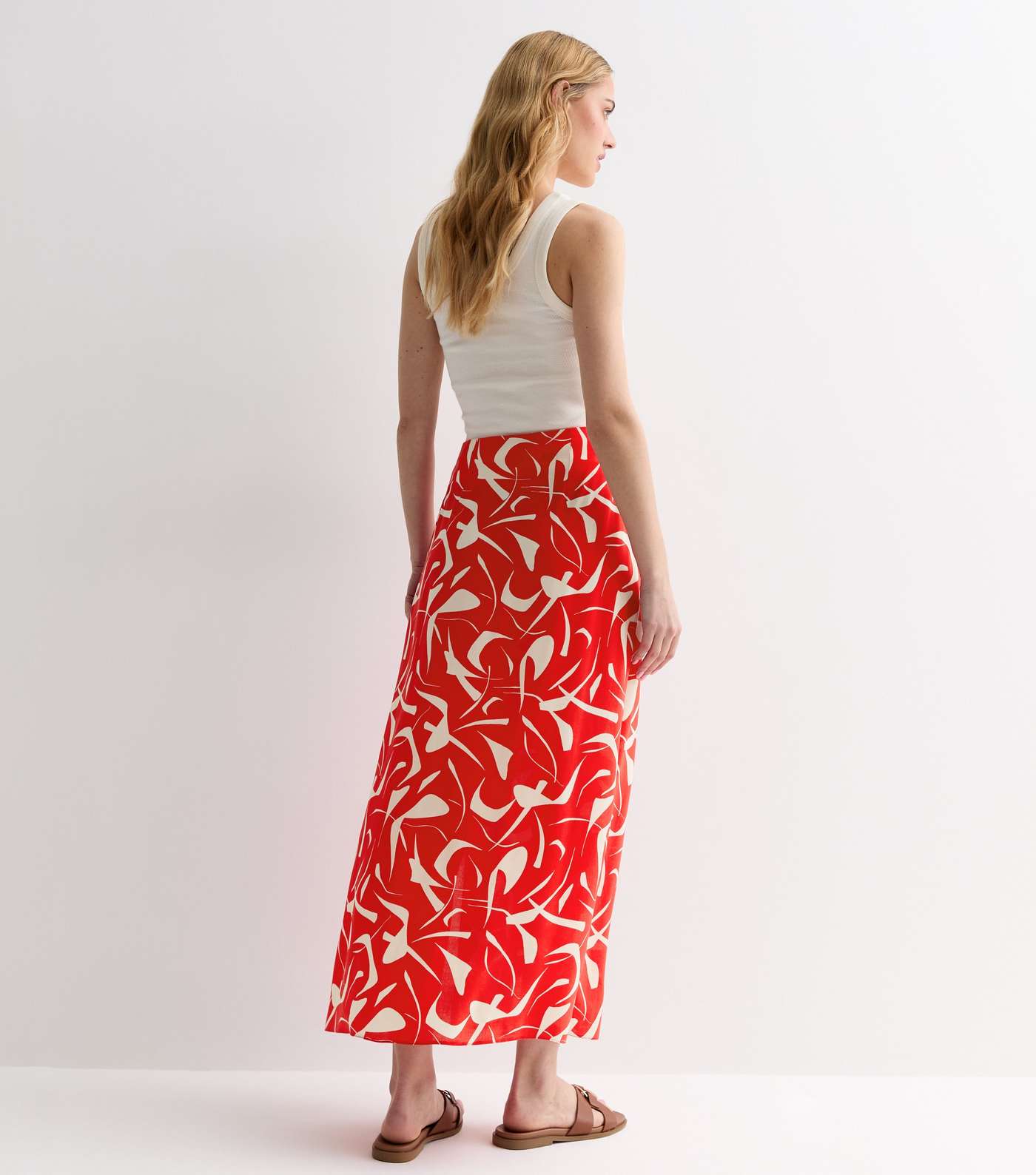 Red Abstract Print High Waist Split Hem Midi Skirt Image 4