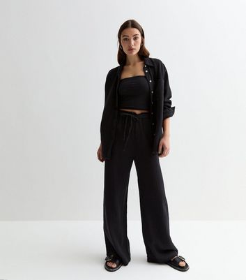 Black Cotton Double Cloth Wide Leg Trousers New Look