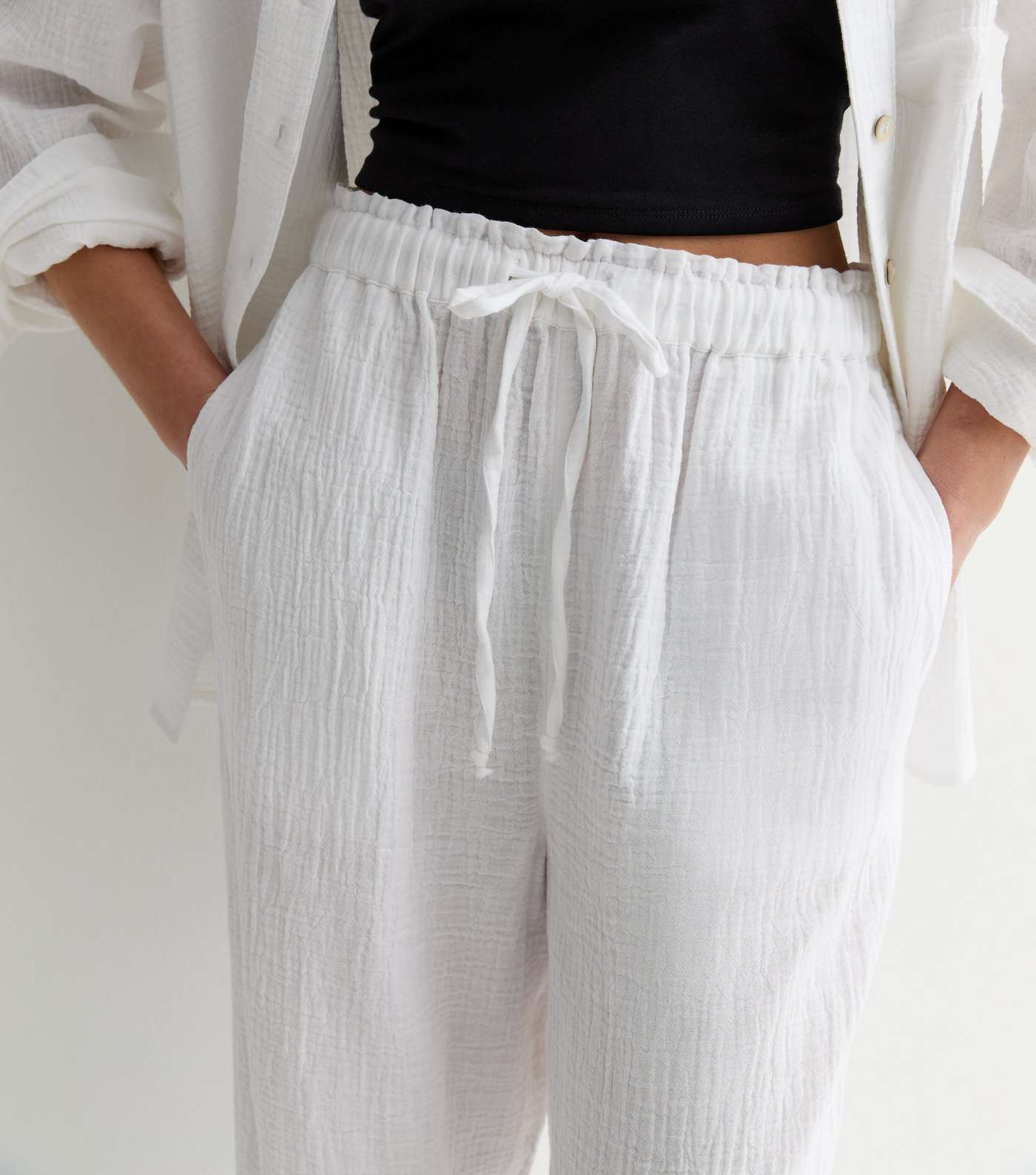 White Cotton Double Cloth Wide Leg Trousers Image 2