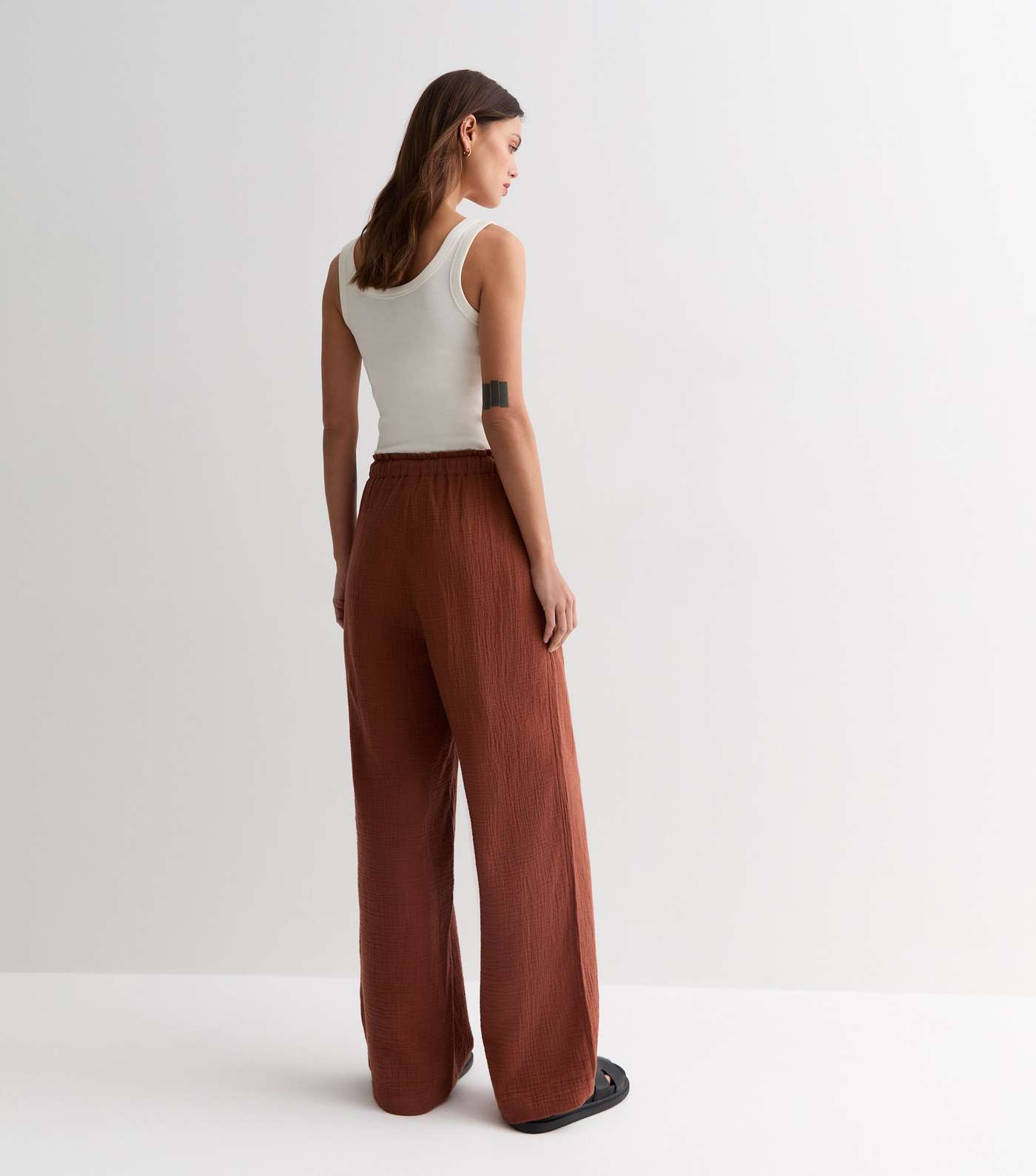 Rust Cotton Double Cloth Wide Leg Trousers Image 4