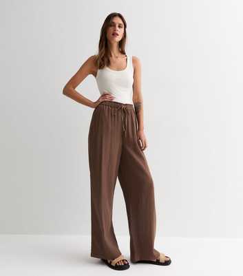 Dark Brown Cotton Double Cloth Wide Leg Trousers