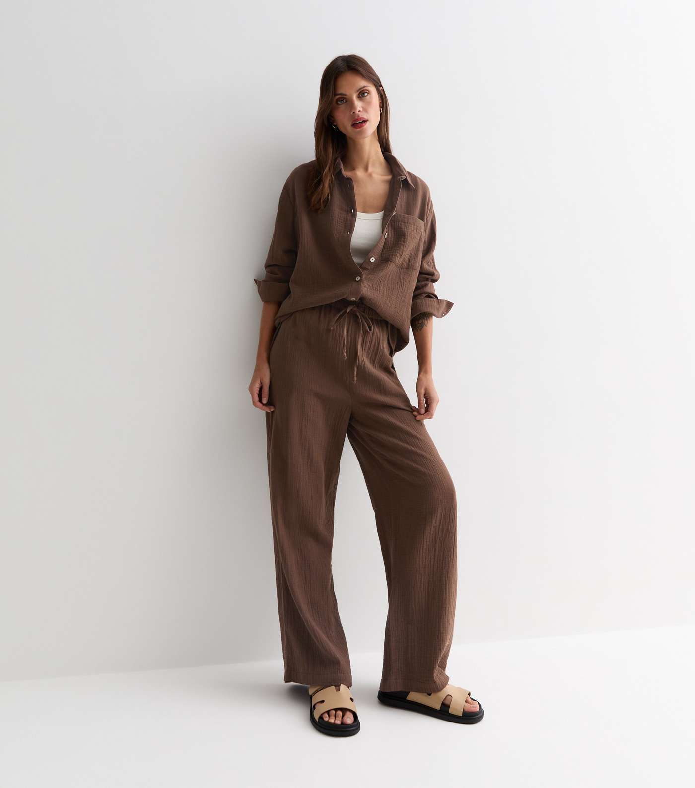 Dark Brown Cotton Double Cloth Wide Leg Trousers Image 3