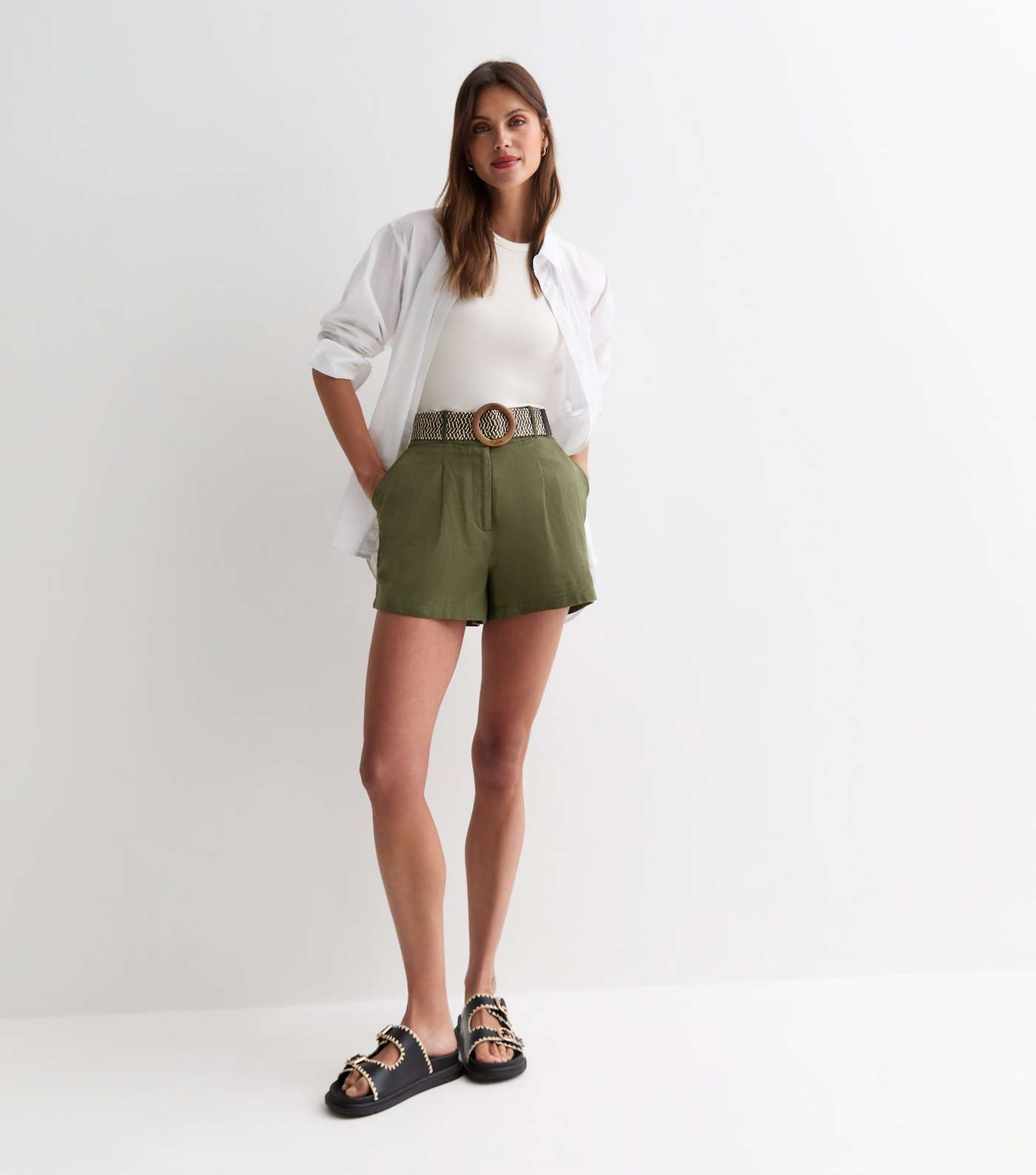 Khaki Cotton Belted Shorts Image 3