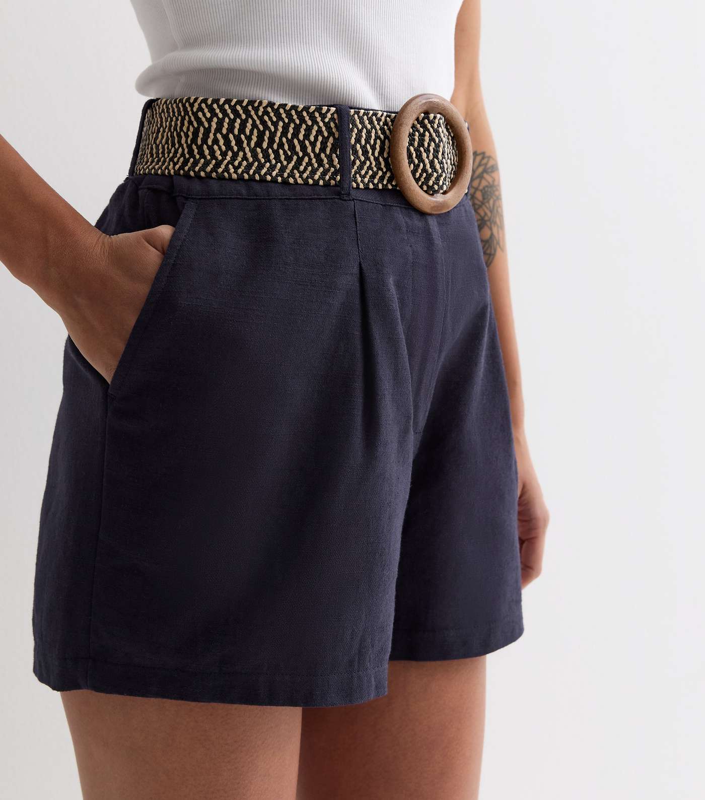 Navy Cotton Belted Shorts Image 3