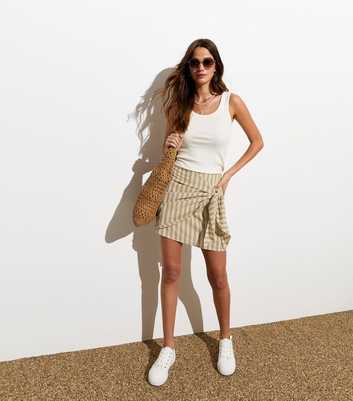 Off White Stripe Cotton-Linen Blend Sarong Mini Skirt