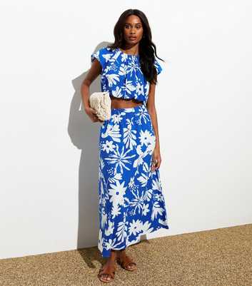 Blue Floral Print Midi Skirt