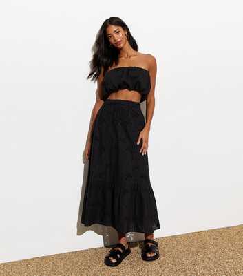 Black Cotton Palm Embroidered Tiered Midi Skirt