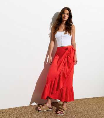 Red Cotton Ruffle Wrap Midi Skirt