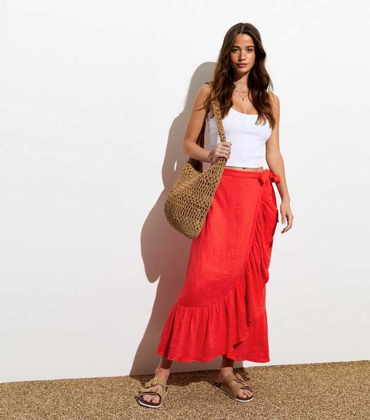 Midi Skirt Cute Wrap Skirts Red Cotton Ruffle Wrap Midi Skirt