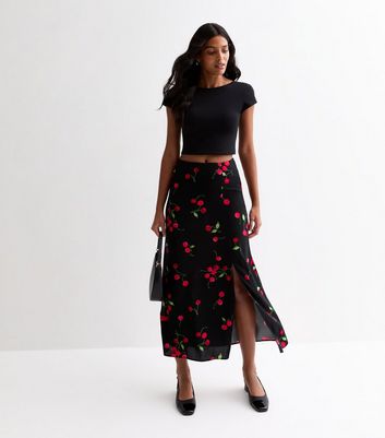Black Cherry Print Split Hem Midi Skirt New Look