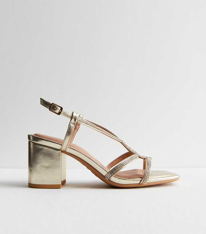 Extra Wide Fit Gold Diamanté Block Heel Sandals