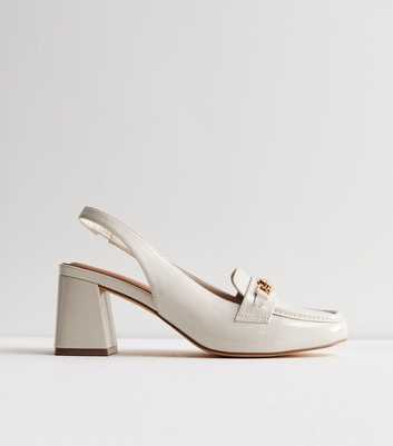 Off White Patent Slingback Block Heel Loafers