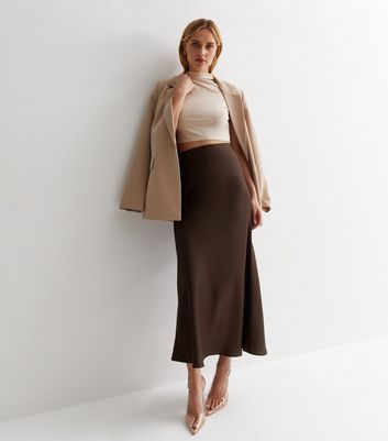Dark Brown Satin Bias Cut Midi Skirt New Look