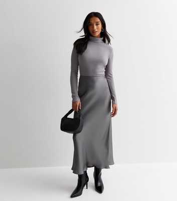 Petite Dark Grey Satin Bias Cut Midi Skirt